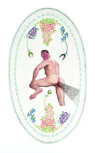 Floral embroidery, erotic imagery, flowers, venus flytraps, embroidered muscled man, french knots, hand stitch, hand embroidery, appliqué, print and machine embroidery on linen.