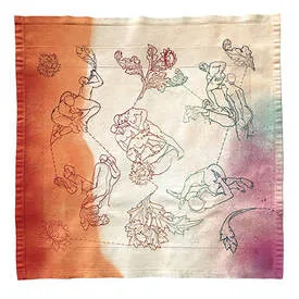 Embroidery on dip dyed and spray dyed rainbow background. Embroidered images of men having sex intertwined with florals and leaf patterns.