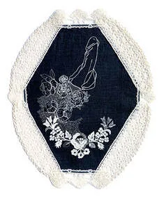 Self Portrait, penis, white embroidery on black linen, lace, florals and erection