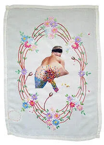Floral embroidery, erotic imagery, hand stitch, hand embroidery, machine embroidery, printed hunk, appliqué, print and machine embroidery on linen.  Venus flytraps and flowers.