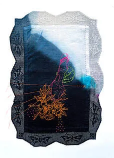 Embroidery on vintage tray cloth in neon with florals and erotic content