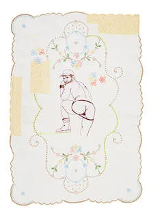 A computerised embroidery of a sexy stud wearing a jockstrap.  Vintage linens, hand stitch and embroidered lace.