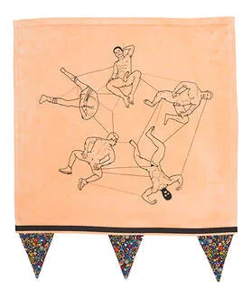 Homo erotic art. An embroidered textile pice depicting 5 different, mostly nude men and decorated with a handmade, floral bunting at the bottom.