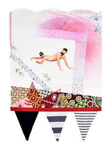 Abstract textile art piece, embroidery, bunting, homoerotic. Two men tangled in a difficult situation.