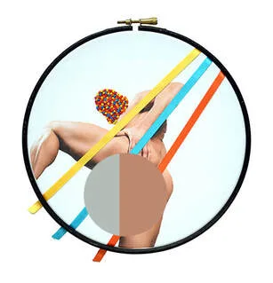 Print and embroidery displayed in a black embroidery hoop with a printed male and overlaying ribbons