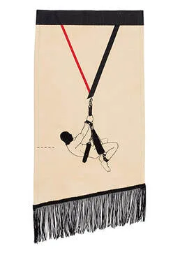 Embroidery with trim, homoerotic. Man in sex sling, machine embroidery, hand embroidery, black trim, red and black ribbon.
