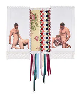 Embroidery and lace artwork. Pornography, homoerotic, threesome separated in 3 different textile panels with a ribbon trim.