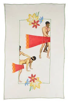 Floral embroidery, erotic imagery, gay guys, hand stitch, hand embroidery, appliqué, print and machine embroidery on linen.