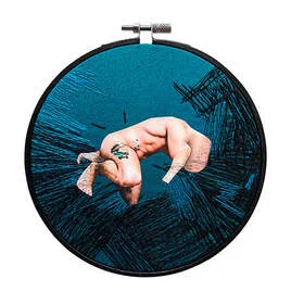 Black &blue embroidery on dark blue cotton. Printed males with bodies joining at the shoulders in a connection. Digital art. 17cm diameter.