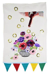 Self portrait.  Embroidered penis, sequins hoops, bunting, vintage embroidery, florals and linen.