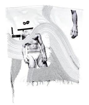Self portrait using print and machine embroidery. Tailor tacking in black on a white cotton background. Printed self portrait of me wearing a mask and jockstrap.