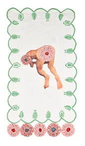 Erotic, homoerotic textile art. A print of a man bending over in a suggestive pose. His bottom and face have been obscured by Suffolk Puffs.