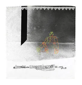 Computerised embroidery. Digital embroidery. A self portrait of the artist stood over a city scape.