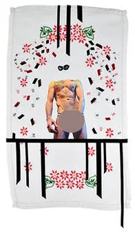A self portrait of the artist in a fetish mask, decorated with black ribbons at the bottom, embroidered flowers and small appliqued ribbons, homoerotic.