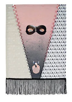 A self portrait in embroidery and textiles. Printed digital self portrait on 3 panels of fabric. Fabric panels are connected using insertion stitch, picture is an erotic selfie in jock strap above this image is the artists face in a leather facemask showing just the eyes.