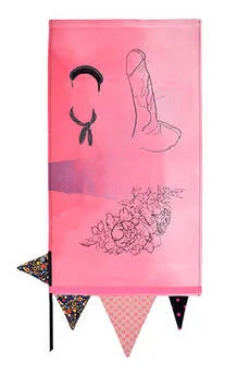 Embroidered self portrait on pink dyed fabric. Florals, phallic symbols, erotic imagery, decorated with hand made bunting in floral fabrics.