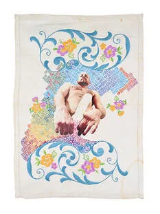 Floral embroidery, self portrait, grindr pic, erotic imagery, hand stitch, hand embroidery, appliqué, print and machine embroidery on linen.  Erotica, gay dude.