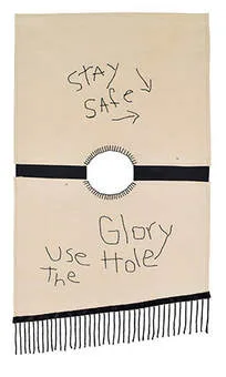 A mixture of textile techniques. A cutout and decorated gloryhole shape surrounded by computerised embroidery in text. Decorated with a vintage, black beaded trim.