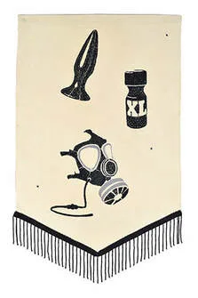 An embroidered textile piece depicting a bottle of poppers, a gas mask and a butt plug. All stitched in black on a cream cotton. Decorated at the bottom with a vintage, black beaded trim.