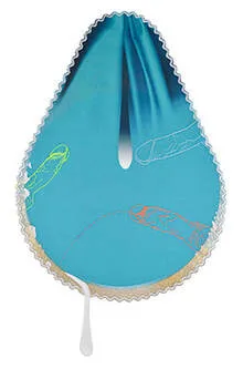 Embroidery, cutwork edging, erotic art, urinal in turquoise with embroidered cocks and drips.