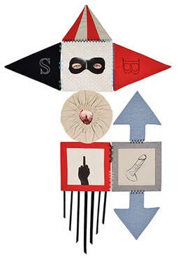 Textiles, embroidery. A self portrait in different sections, squares and circles stitched together. A piece exploring the artists versatility in the bedroom. A fetish facemask features as does an embroidered penis and printed bottom within a suffolk puff.
